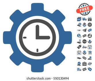 Time Setup Gear icon with free bonus symbols. Vector illustration style is flat iconic symbols, cobalt and gray colors, white background.