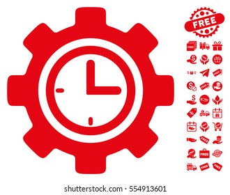 Time Setup Gear icon with free bonus pictures. Vector illustration style is flat iconic symbols, red color, white background.