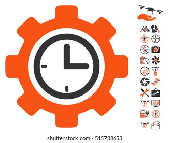 Time Setup Gear pictograph with bonus airdrone tools pictures. Vector illustration style is flat iconic symbols on white background.