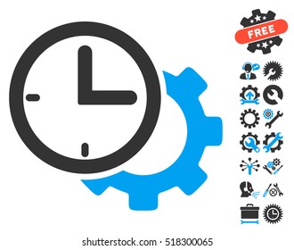 Time Setup Gear pictograph with bonus settings graphic icons. Vector illustration style is flat iconic blue and gray symbols on white background.