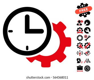 Time Setup Gear pictograph with bonus settings pictures. Vector illustration style is flat iconic intensive red and black symbols on white background.