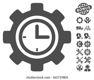 Time Setup Gear pictograph with bonus settings design elements. Vector illustration style is flat iconic gray symbols on white background.