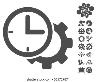 Pictograma del engranaje de configuración de tiempo con elementos de diseño de opciones de bonificación. El estilo de ilustración vectorial es un símbolo gris icónico plano sobre fondo blanco.