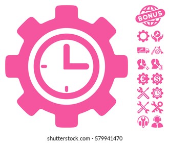 Time Setup Gear pictograph with bonus service pictograph collection. Vector illustration style is flat iconic pink symbols on white background.