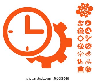 Time Setup Gear pictograph with bonus service pictograph collection. Vector illustration style is flat iconic orange symbols on white background.