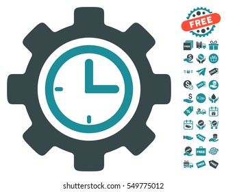 Time Setup Gear pictograph with free bonus clip art. Vector illustration style is flat iconic symbols, soft blue colors, white background.