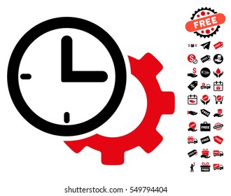 Time Setup Gear pictograph with free bonus clip art. Vector illustration style is flat iconic symbols, intensive red and black colors, white background.