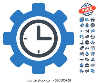 Time Setup Gear pictograph with free bonus design elements. Vector illustration style is flat iconic symbols, smooth blue colors, white background.