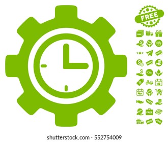 Time Setup Gear pictograph with free bonus symbols. Vector illustration style is flat iconic symbols, eco green color, white background.