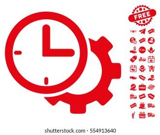 Time Setup Gear pictograph with free bonus graphic icons. Vector illustration style is flat iconic symbols, red color, white background.