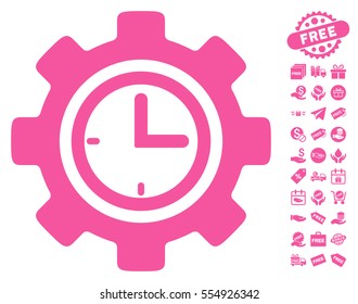 Time Setup Gear pictograph with free bonus design elements. Vector illustration style is flat iconic symbols, pink color, white background.