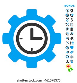 Time Setup icon with bonus pictograms. Vector style is bicolor flat iconic symbol with rounded angles, blue and gray colors, white background.