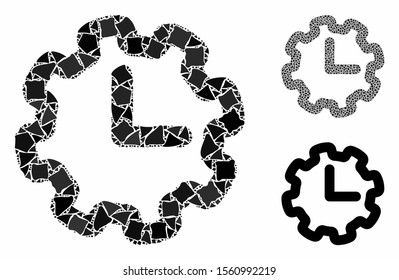 Time setup mosaic of humpy items in different sizes and color tints, based on time setup icon. Vector inequal items are composed into mosaic. Time setup icons collage with dotted pattern.