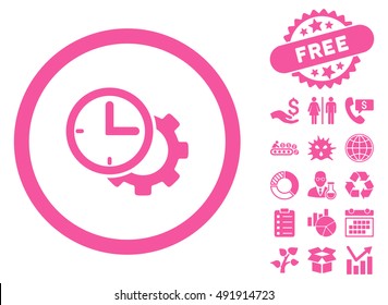 Time Setup pictograph with free bonus clip art. Vector illustration style is flat iconic symbols, pink color, white background.