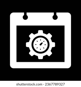 Time Setup vector icon on calendar. Style is flat symbol, white color, rounded angles, black background.