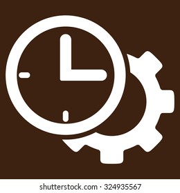 Time Setup vector icon. Style is flat symbol, white color, rounded angles, brown background.