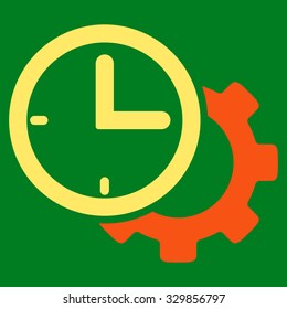Time Setup vector icon. Style is bicolor flat symbol, orange and yellow colors, rounded angles, green background.