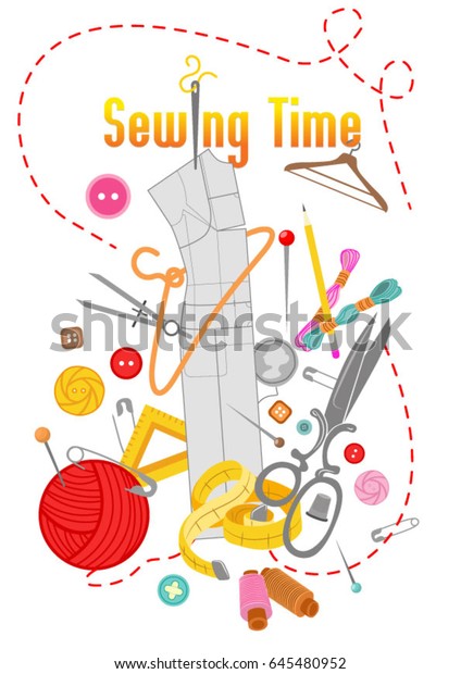 time to sew Scissors Yarn\
Pattern Needles Centimeter Meter Hanger Thread Pencil Pins\
Compasses Buttons