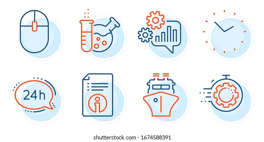 Time, Ship and Computer mouse signs. Seo timer, Cogwheel and Chemistry lab line icons set. 24h service, Technical info symbols. Cogwheel, Engineering tool. Technology set. Outline icons set. Vector