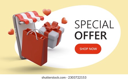 Time to shop. Bright color poster with promotional offer. 3D store with striped canopy, gift box, paper bag. Template with place for text and button. Bonus program with love for customers