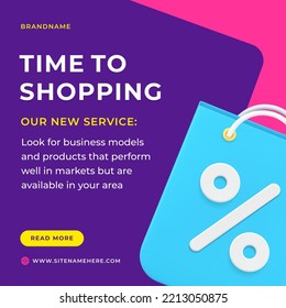 Time To Shopping Digital Sale Discount Percent Commercial Clearance Service Social Media Post 3d Icon Vector Illustration. Electronic Store Purchase Order E Business Marketing Special Offer Price Off