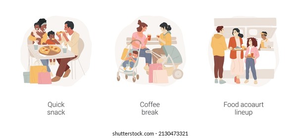 Time in shopping mall isolated cartoon vector illustration set. Quick snack, coffee break, food court lineup, having lunch, snack bar, shopping bags, family talking and laughing vector cartoon.