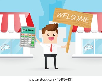 time to shopping in tax free stores. businessman hold calculator and sign