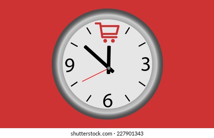 Time for shopping. Watch with shopping baskets symbol. 