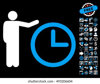 Time Show pictograph with bonus calendar and time management pictogram. Vector illustration style is flat iconic bicolor symbols, blue and white colors, black background.