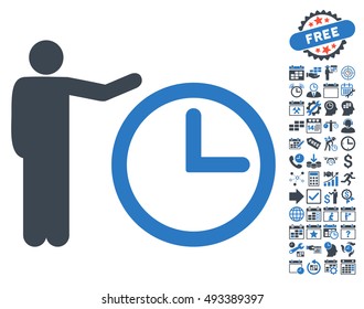 Time Show pictograph with bonus calendar and time management design elements. Vector illustration style is flat iconic bicolor symbols, smooth blue colors, white background.