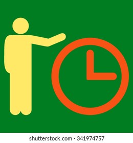 Time Show vector icon. Style is bicolor flat symbol, orange and yellow colors, rounded angles, green background.