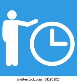Time Show vector icon. Style is flat symbol, white color, rounded angles, blue background.