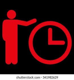 Time Show vector icon. Style is flat symbol, red color, rounded angles, black background.