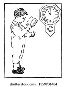 Time shown in wall clock is at 11:00. A child is standing nearby & reading the book, vintage line drawing or engraving illustration.