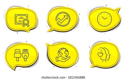 Time sign. Diploma certificate, save planet chat bubbles. Audit, Heart and Computer cables line icons set. Arrow graph, Love head, Rj45 internet. Clock. Business set. Outline icons set. Vector