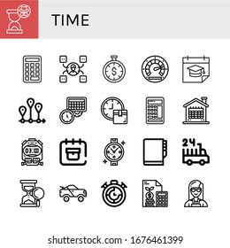 Zeit einfache Symbole gesetzt. Enthält Symbole wie Hourglass, Calculator, Skill, Time is money, Speedometer, Kalender, Zeitachse, Zeitplan, Uhr, kann für Web, Mobile und Logo verwendet werden