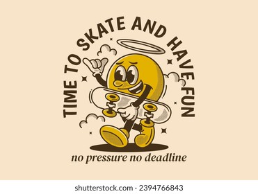 Time to skate and have fun. Walking ball head character holding a skate board. Retro style