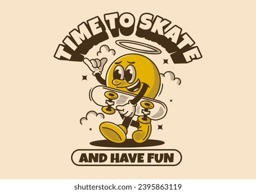 Time to skate and have fun. Walking ball head character holding a skate board. Retro style