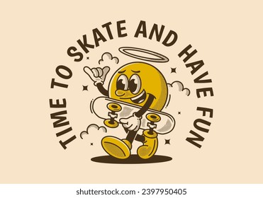 Time to skate and have fun. Walking ball head character holding a skate board. Retro style