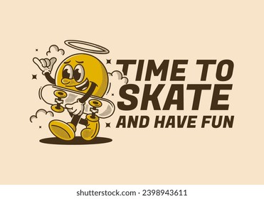 Time to skate and have fun. Walking ball head character holding a skate board. Retro style