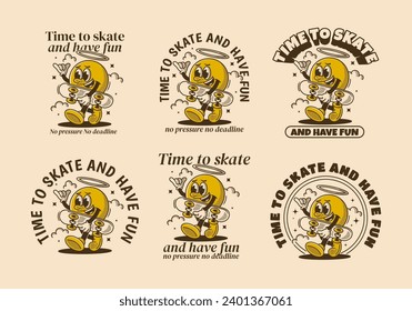 Time to skate and have fun. Walking ball head character holding a skate board. Retro style