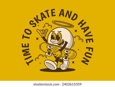 Time to skate and have fun. Walking ball head character holding a skate board. Retro style