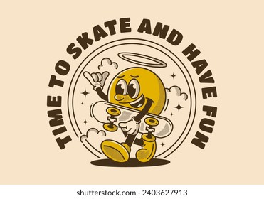 Time to skate and have fun. Walking ball head character holding a skate board. Retro style