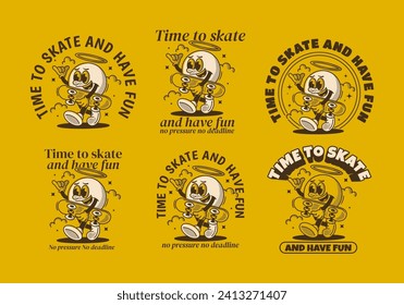 Time to skate and have fun. Walking ball head character holding a skate board. Retro style