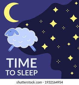 Time to sleep banner template. Bedtime positive background with starry night sky, moon and sheep. Good night, sweet dreams, healthy sleep cartoon vector illustration