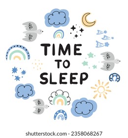 time to sleep, children's pattern with rainbows, starry sky, weather icon set, abstract pattern with doodle elements, hand drawn doodle set, clouds, rainbow, bird, sun, moon, rain, stars