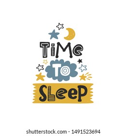 Time to sleep colored lettering with moon and stars. Baby vector stylized typography. Kids print. Hand drawn phrase poster, banner, sticker design element for nursery