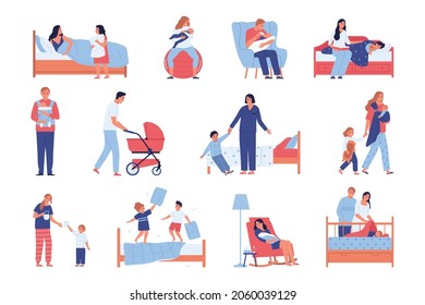 Time To Sleep Flat Set Of Parents Putting Their Children To Bed And Unruly Kids In Pajamas Jumping On Unmade Bed Isolated Vector Illustration