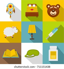 Time to sleep icon set. Flat style set of 9 time to sleep vector icons for web design