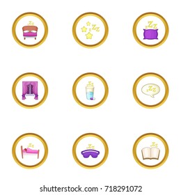 Time to sleep icons set. Cartoon style set of 9 time to sleep vector icons for web design